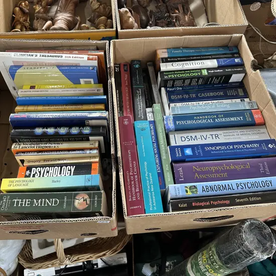 Two boxes of Psychology books etc. (full set of required books for masters)