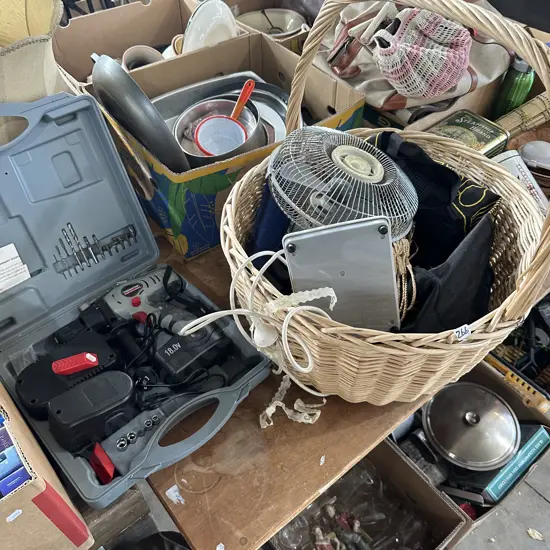 Large basket, fan, 18v cordless drill etc.
