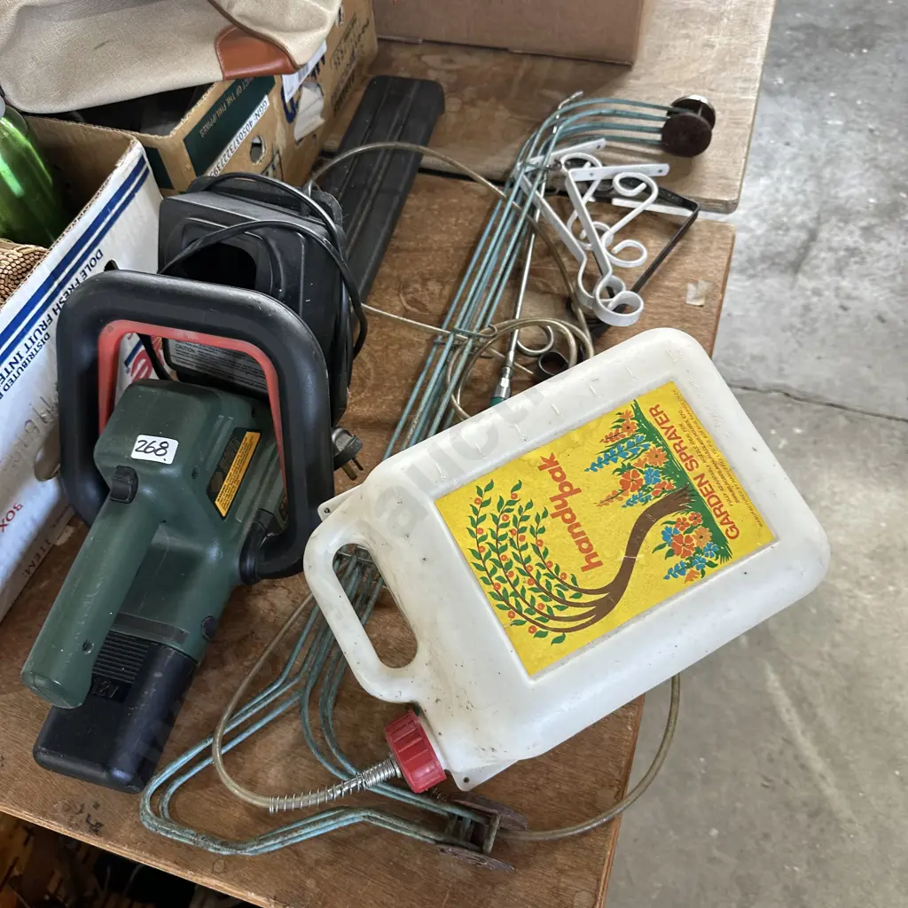 18v cordless hedge trimmer, sprayer and vintage plant stand and shelf brackets. Image 1++