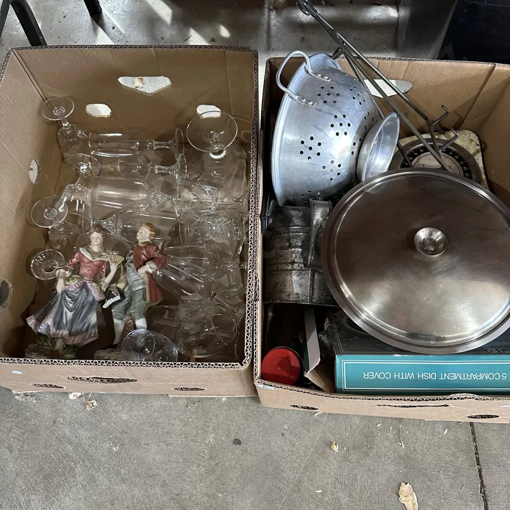 Two boxes vintage scales, recipe stand, s/s dish and glassware etc. Image 1++