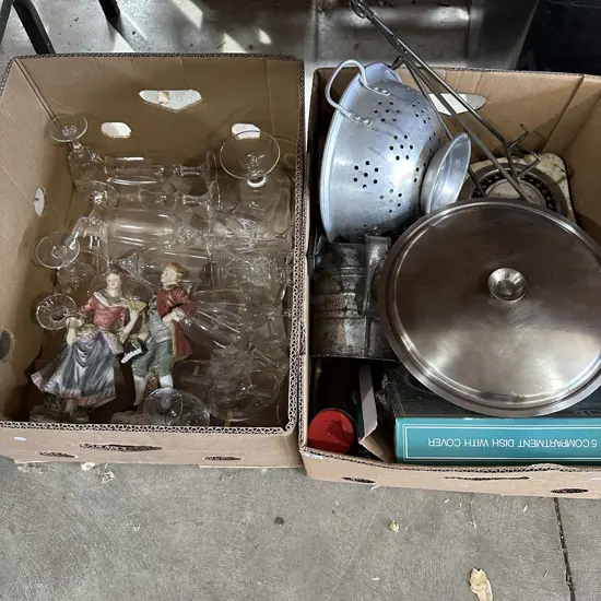 Two boxes vintage scales, recipe stand, s/s dish and glassware etc.