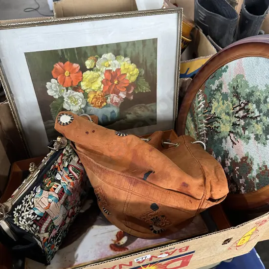 Tray, picture, oriental purse, leather bag and embroidery.