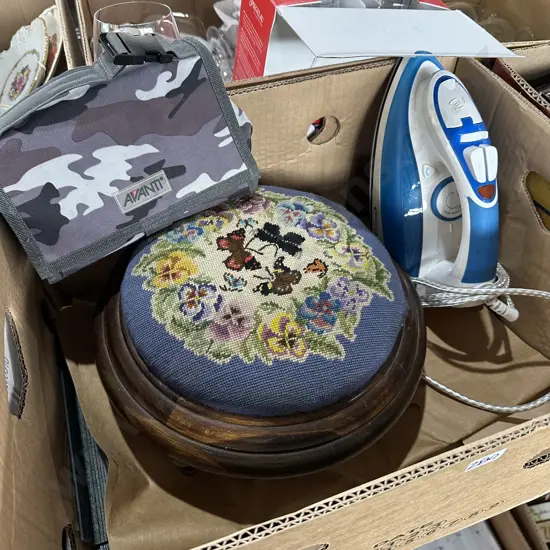 Embroidery stool, iron and cooler bag.