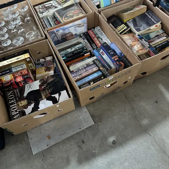 Three boxes of books and suitcase.