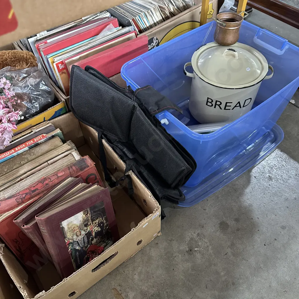 Lidded bin with enamelware bread pot plus old books etc. Image 1++