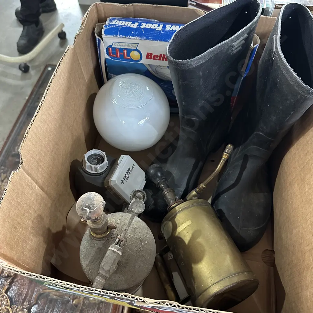 Gumboots, brass sprayers, water time clock and light shade etc. Image 1++