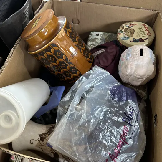 Bags, tins, vases plus Hornsea canister.