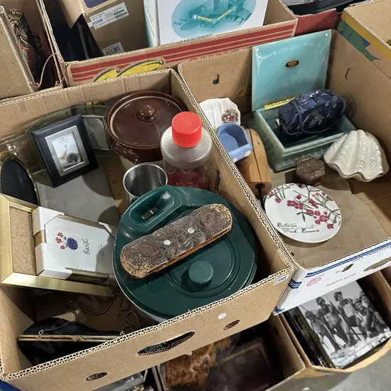 Two boxes Marlestone box, picture frames etc.
