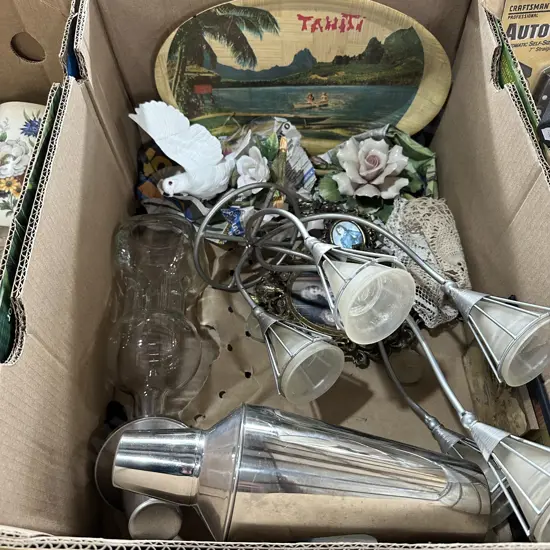 Box lot candle holder, photo frames, cocktail shakers etc.