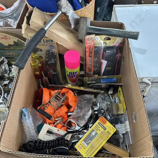 Box lot of tools and tie downs plus fluorescent spray paint etc.