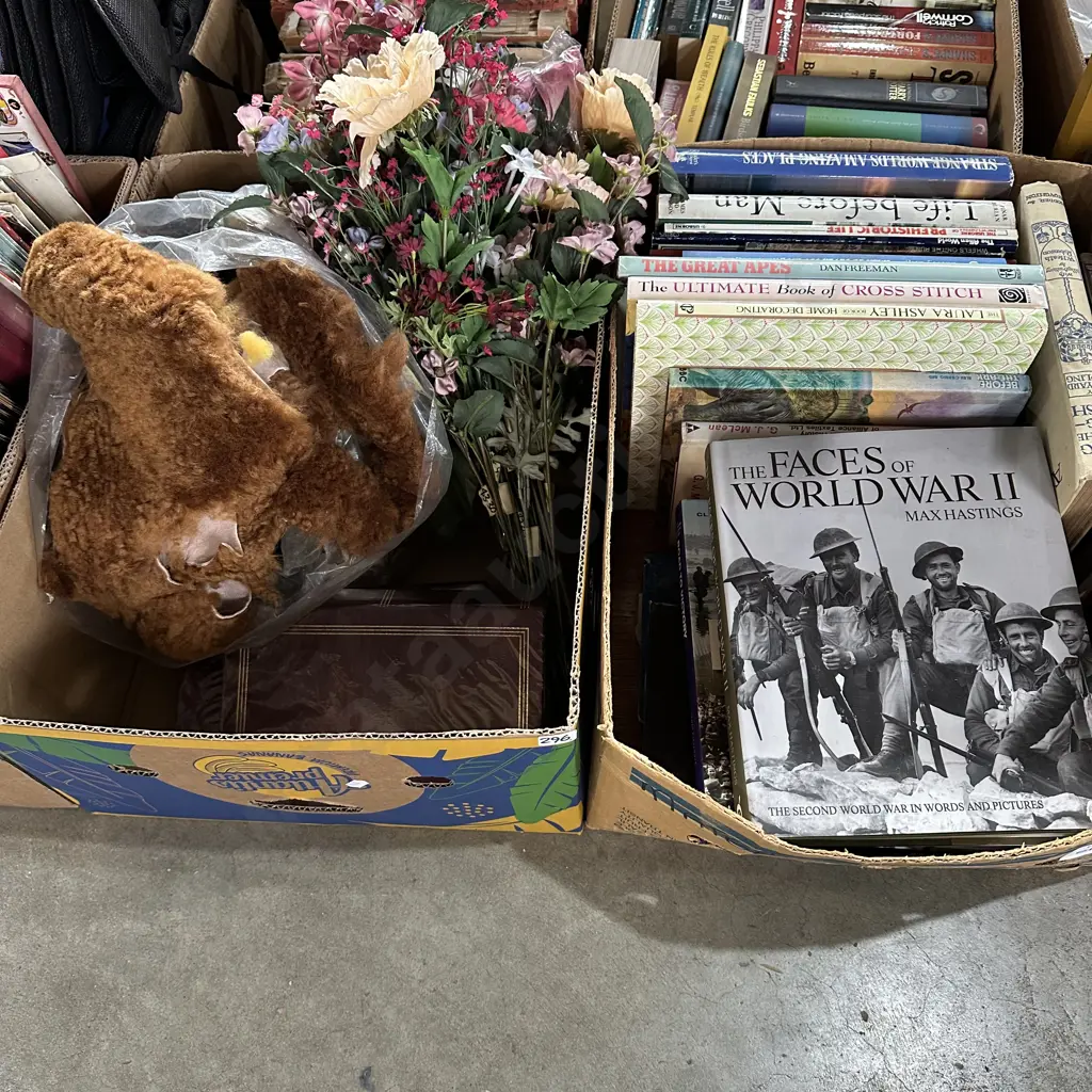 Two boxes books, artificial flowers and wool skins etc. Image 1++