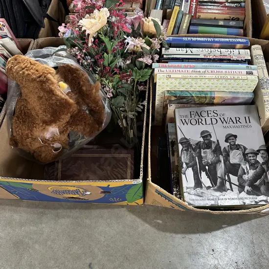 Two boxes books, artificial flowers and wool skins etc.