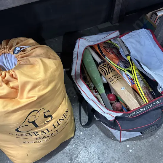 cricket gear, tennis rackets, bedding etc