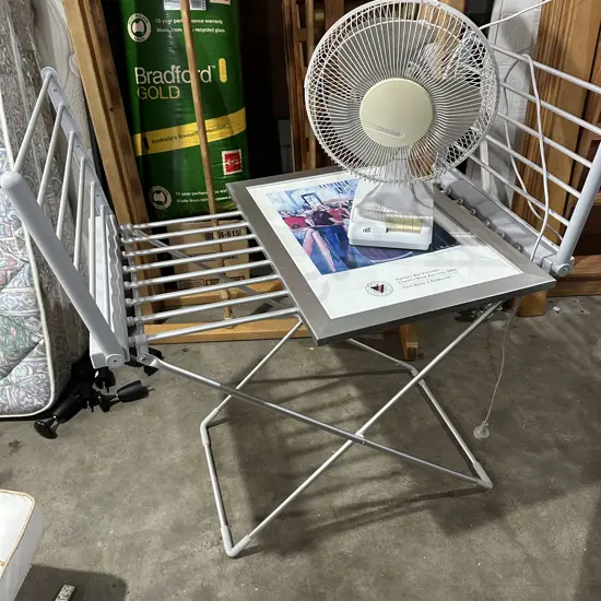 heated clothes horse, fan and picture