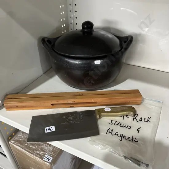 earthen ware pot, Rimu magnet knife rack plus butchers knife