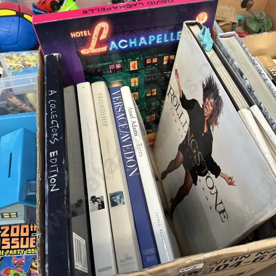 Box of books including RollingStone the photographs,