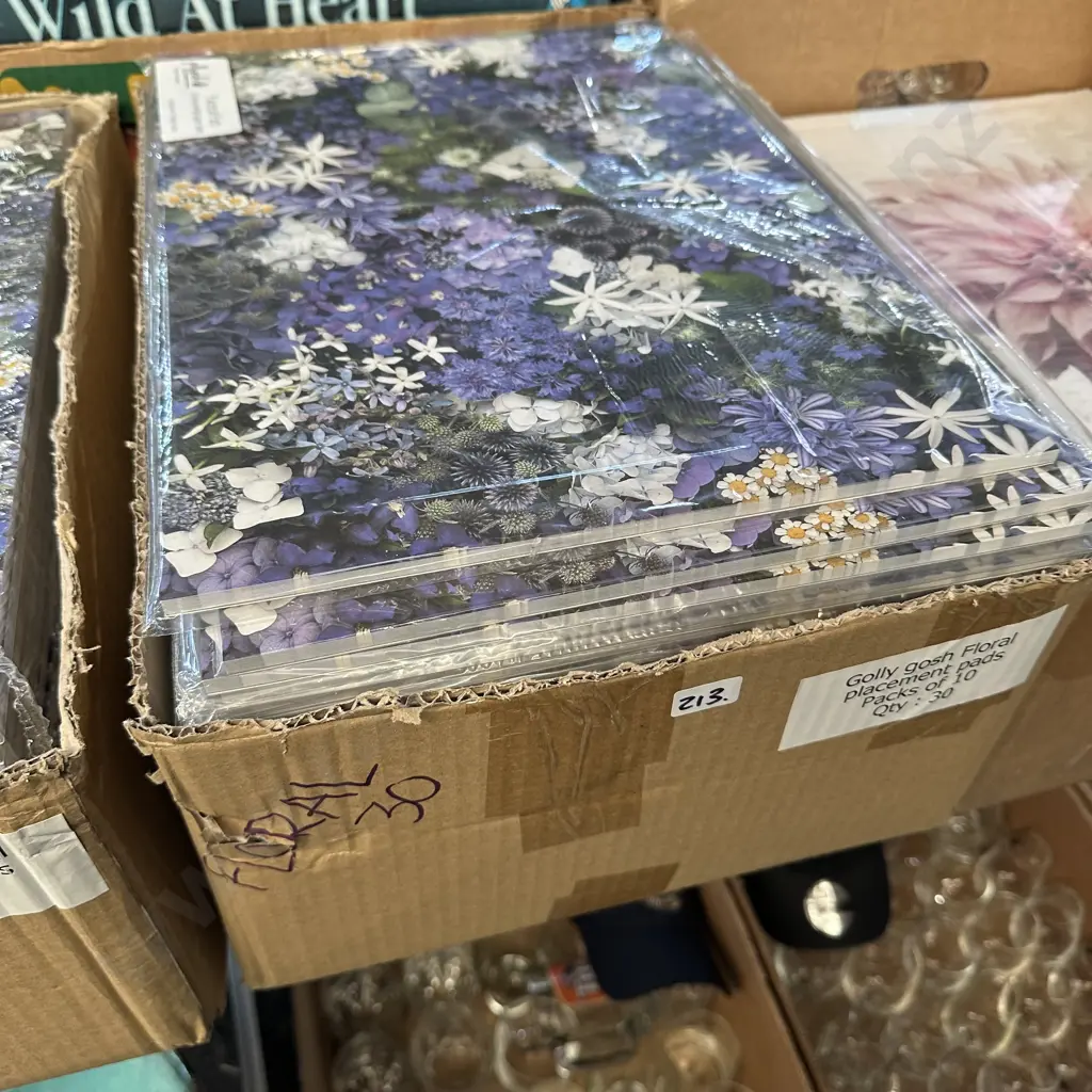 Box lot of "golly gosh" placemat pads. Image 1++