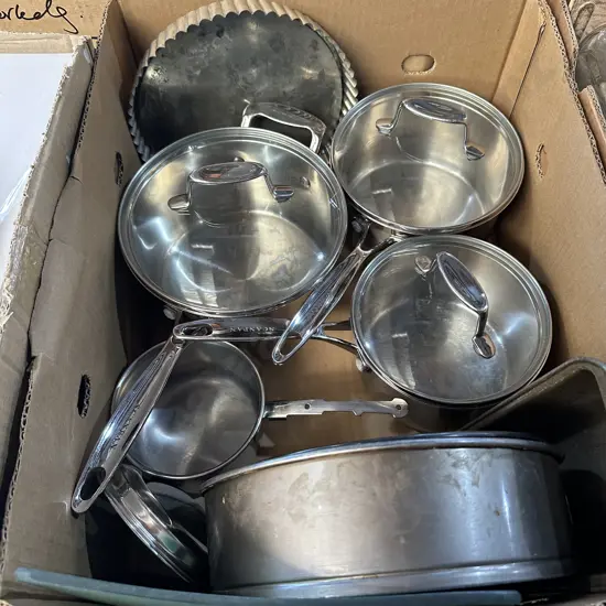 Box lot of good lidded pots and bakeware.