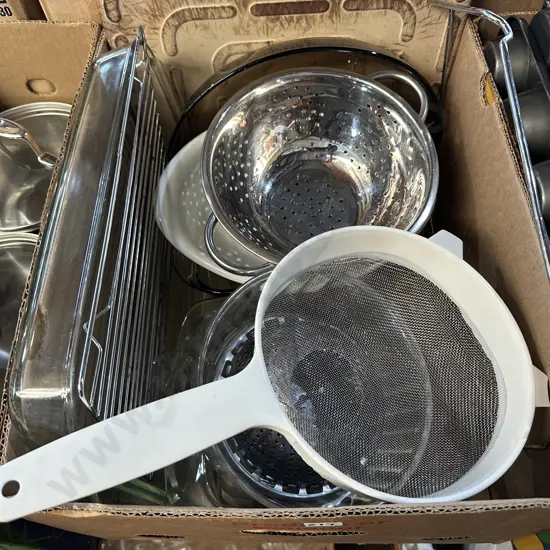 Box lot of baking dishes and colander etc.