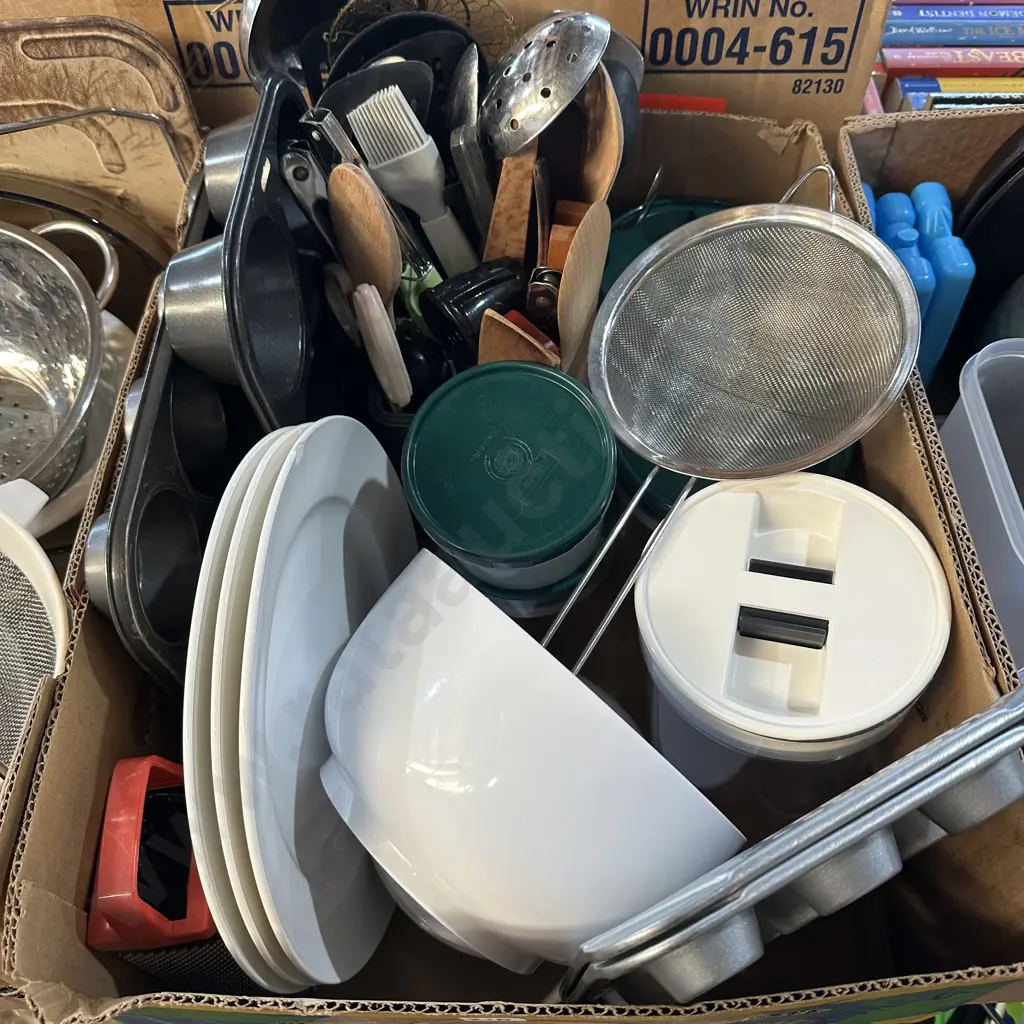 Box lot of muffin trays, canisters and utensils etc. Image 1++