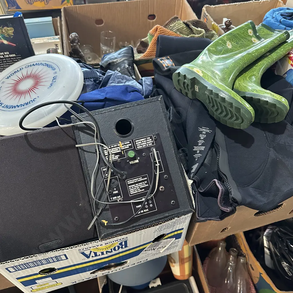 Two boxes wetsuits, gumboots and vintage wharfdale speakers etc. Image 1++