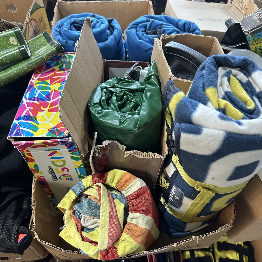 Box lot of air beds, pump, and bed rolls etc. Image 1++