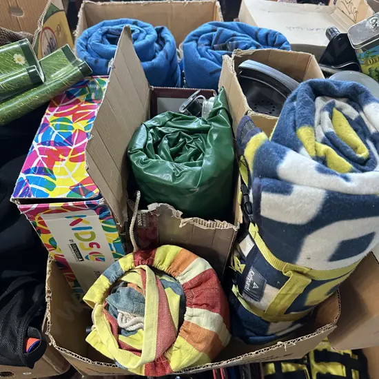 Box lot of air beds, pump, and bed rolls etc.