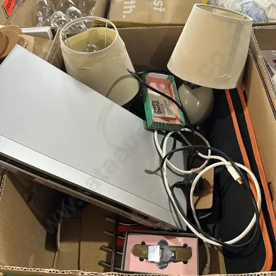 Box lot DVD player, lamps, multi-tool etc.
