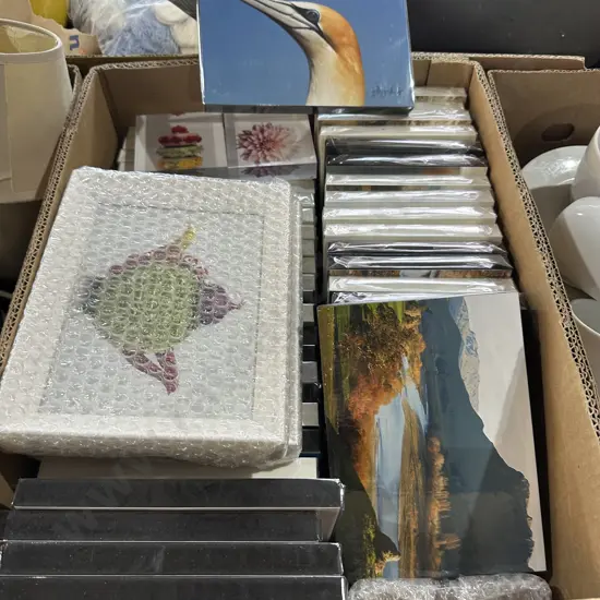 Box lot of photo blocks and frames.