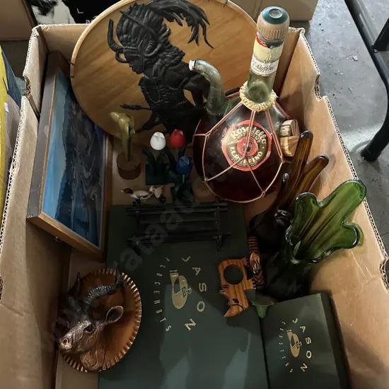 Box lot of art glass vases and collectables.