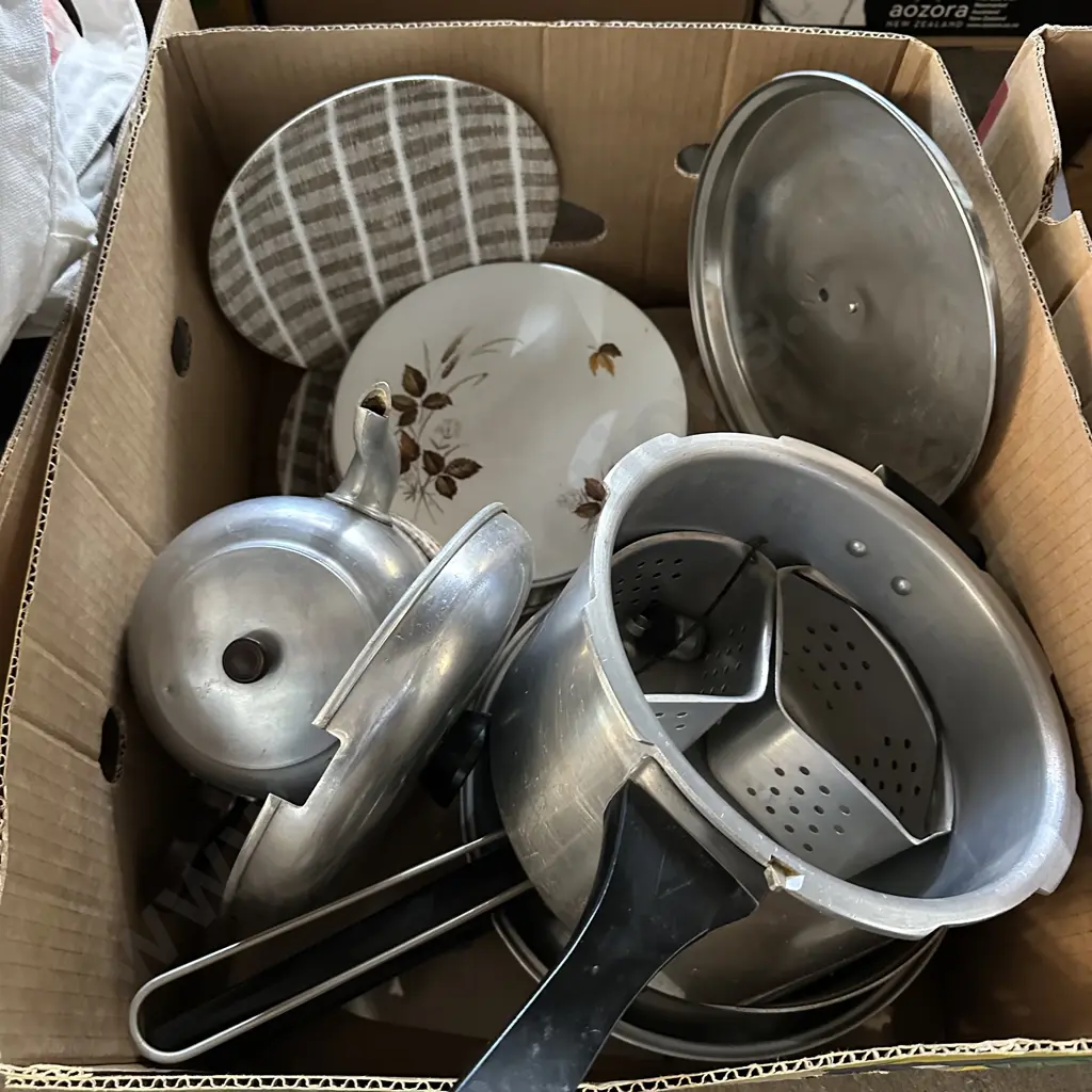 Box lot of pans and pressure cooker, crown lynn plates etc. Image 1++