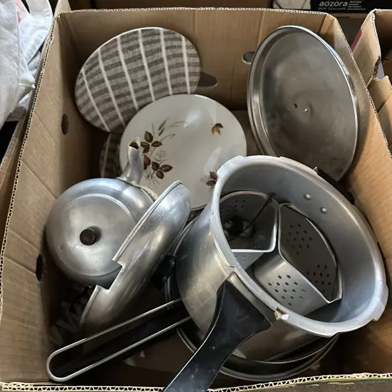 Box lot of pans and pressure cooker, crown lynn plates etc.
