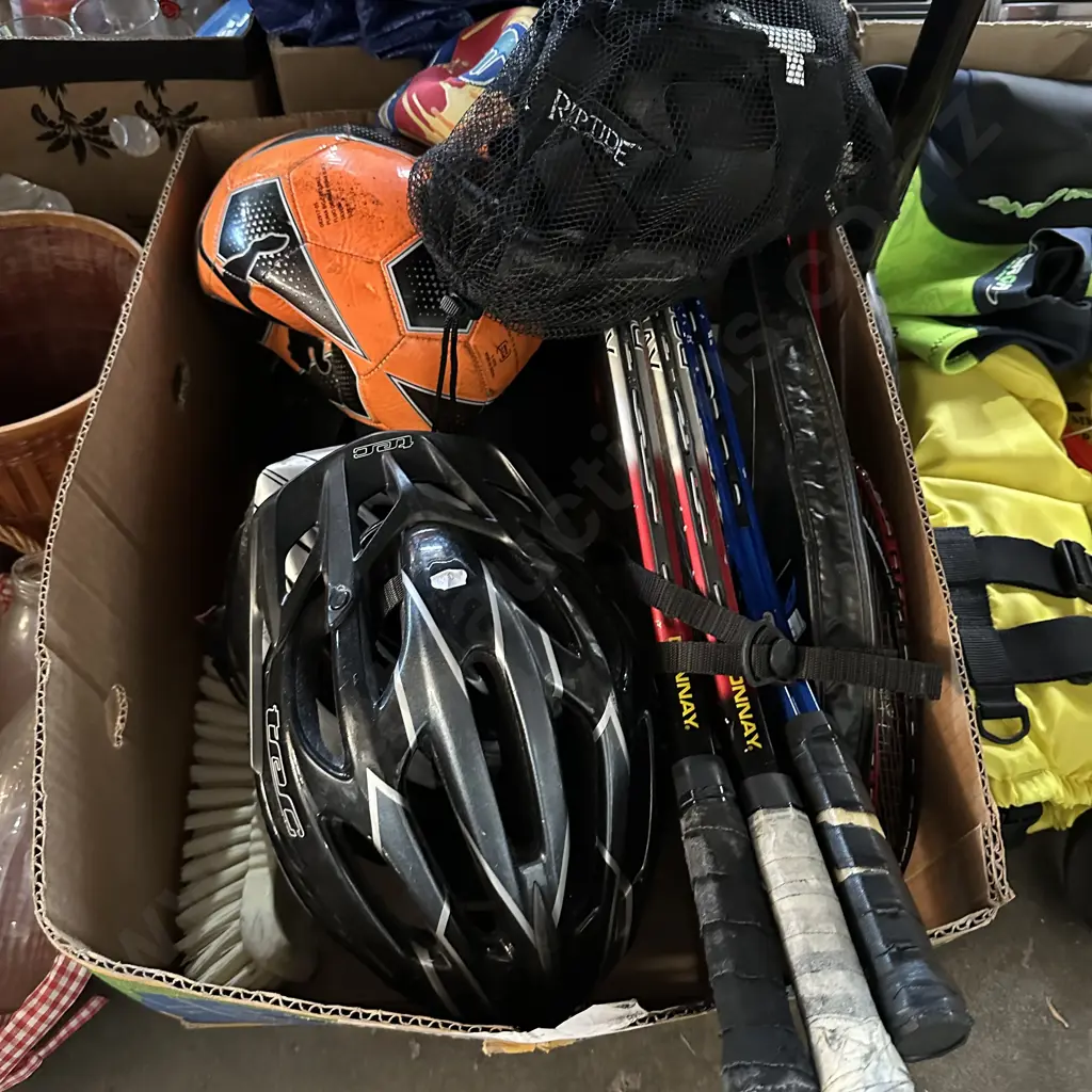 Box lot of sporting items, bike helmets etc. Image 1++