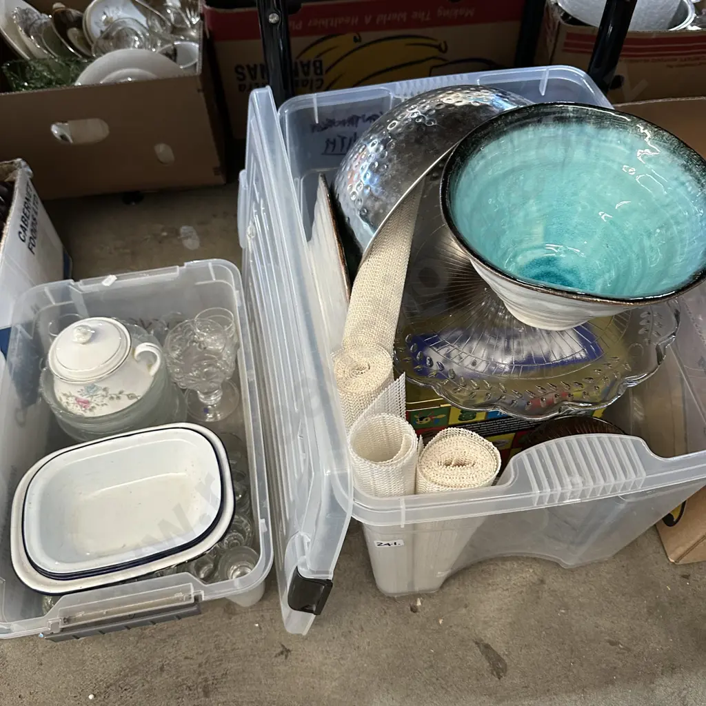 lidded bin with bowls, cake stand, pottery, glassware and enamelware etc. Image 1++