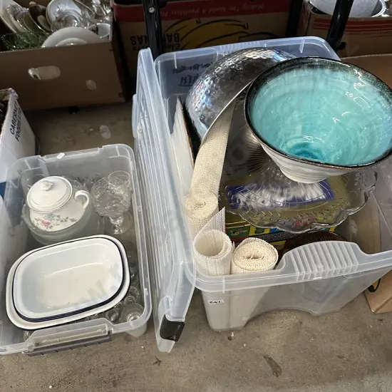 lidded bin with bowls, cake stand, pottery, glassware and enamelware etc.
