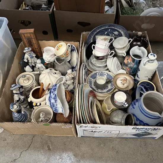 Two boxes of ornaments, china including blue and white etc.
