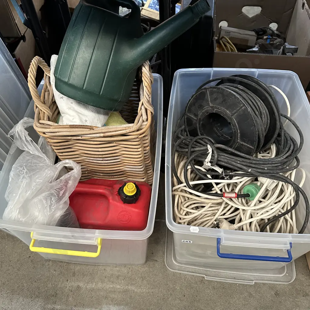 Two lidded bins, extension leads, cane basket, water and petrol can etc. Image 1++