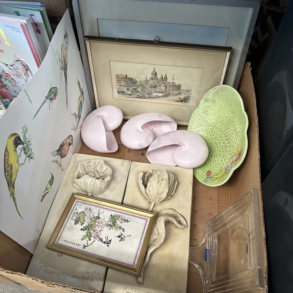 Box lot pair of stone plaques, pictures plus Waterford crystal frame etc. Image 1++