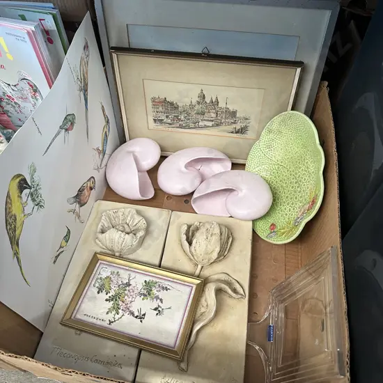 Box lot pair of stone plaques, pictures plus Waterford crystal frame etc.