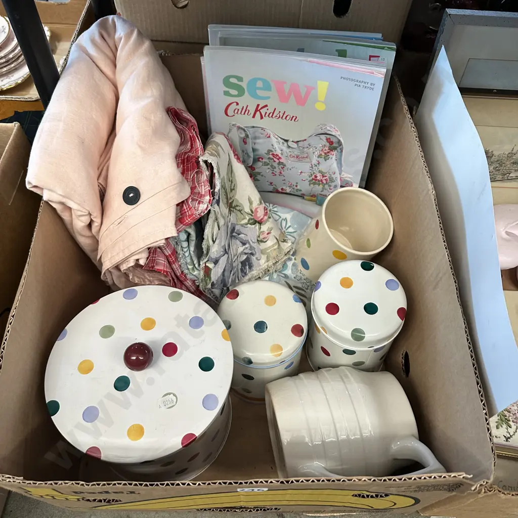 Box lot Emma Bridgewater Polka Dot tins, Linen duvet set, sewing books and material etc. Image 1++