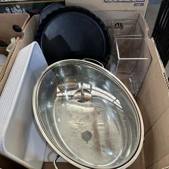 Pair vases, KitchenAid stoneware, stainless steel roaster etc.