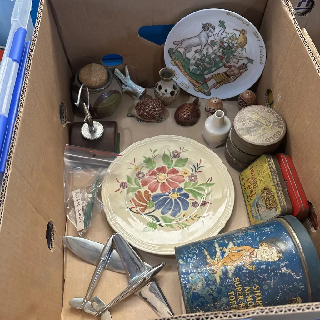 Box lot of collectable including Deco planes, old tins, pottery etc Image 1++