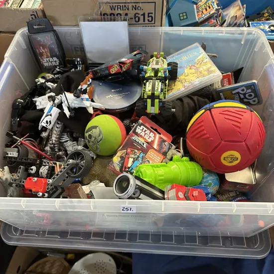 Large lidded bin full of toys, DVDs, cards, Sony walkman etc.