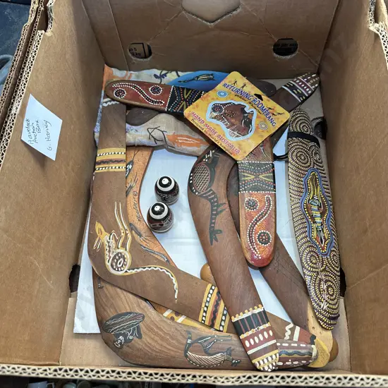 Collection of Hand painted Boomerangs plus salt and peppers.