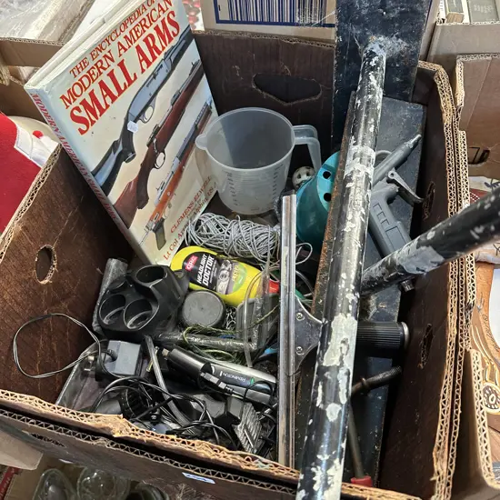 Box lot compressed air gun, window drying squeegee, small arms book etc.