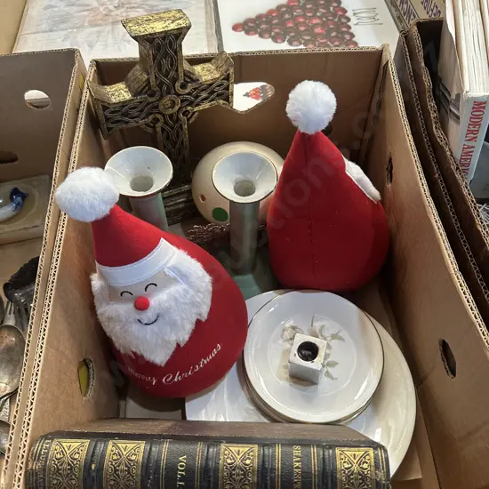 Box lot leather bound shakespeare Vol 1, pair candle sticks, Ostridge egg etc.