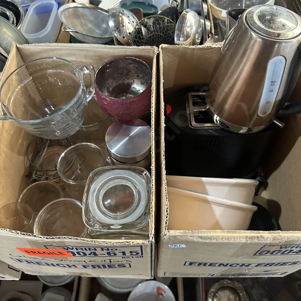 Two boxes Jug, Toaster, mixing bowls and measuring jug, canisters etc. Image 1++