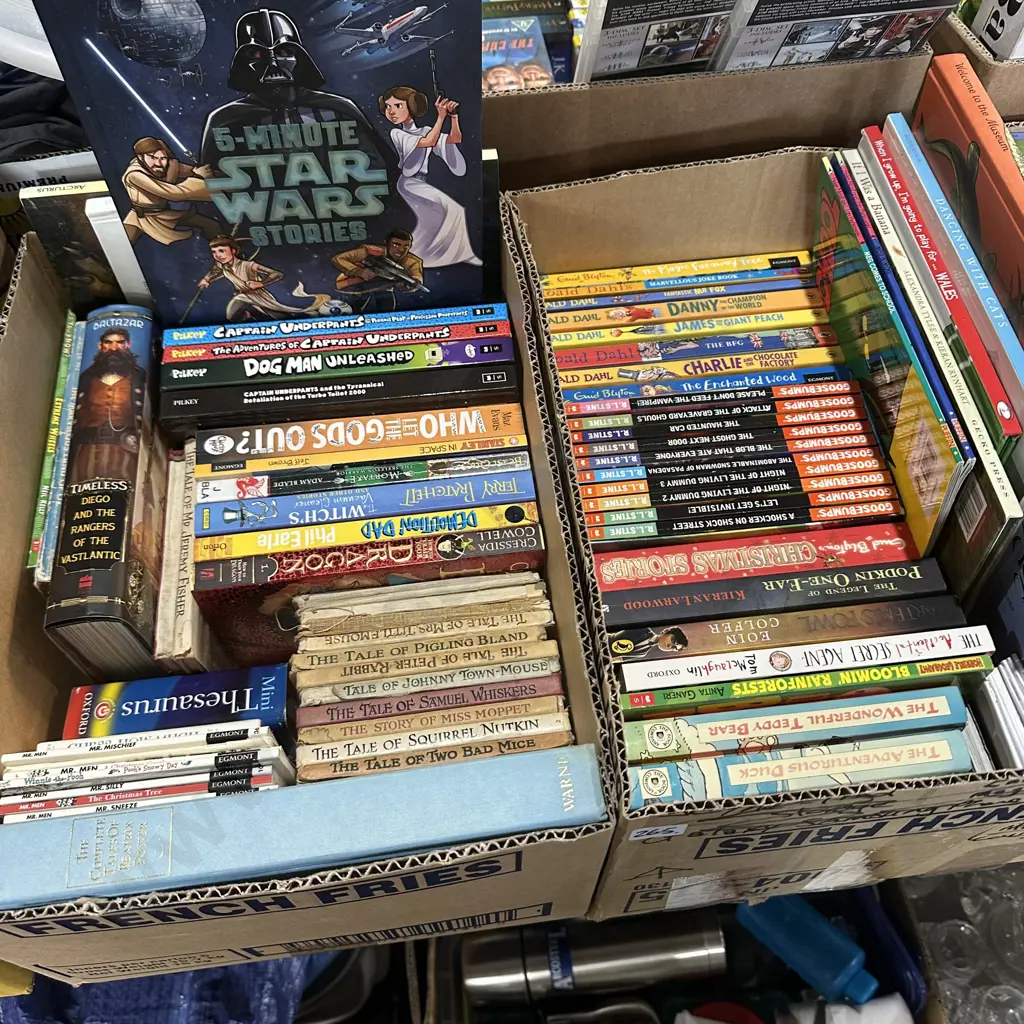 Two boxes of childrens books including Star Wars stories, Roald Dahl etc. Image 1++