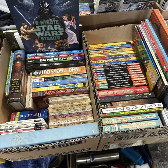 Two boxes of childrens books including Star Wars stories, Roald Dahl etc.