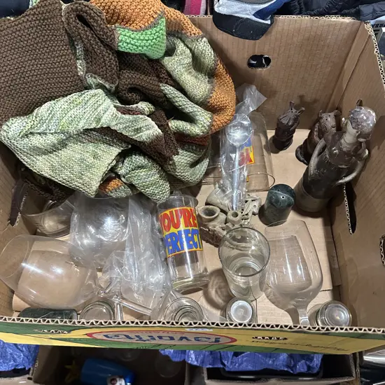 Box lot of glassware, carved animal ornaments, salt and peppers etc.